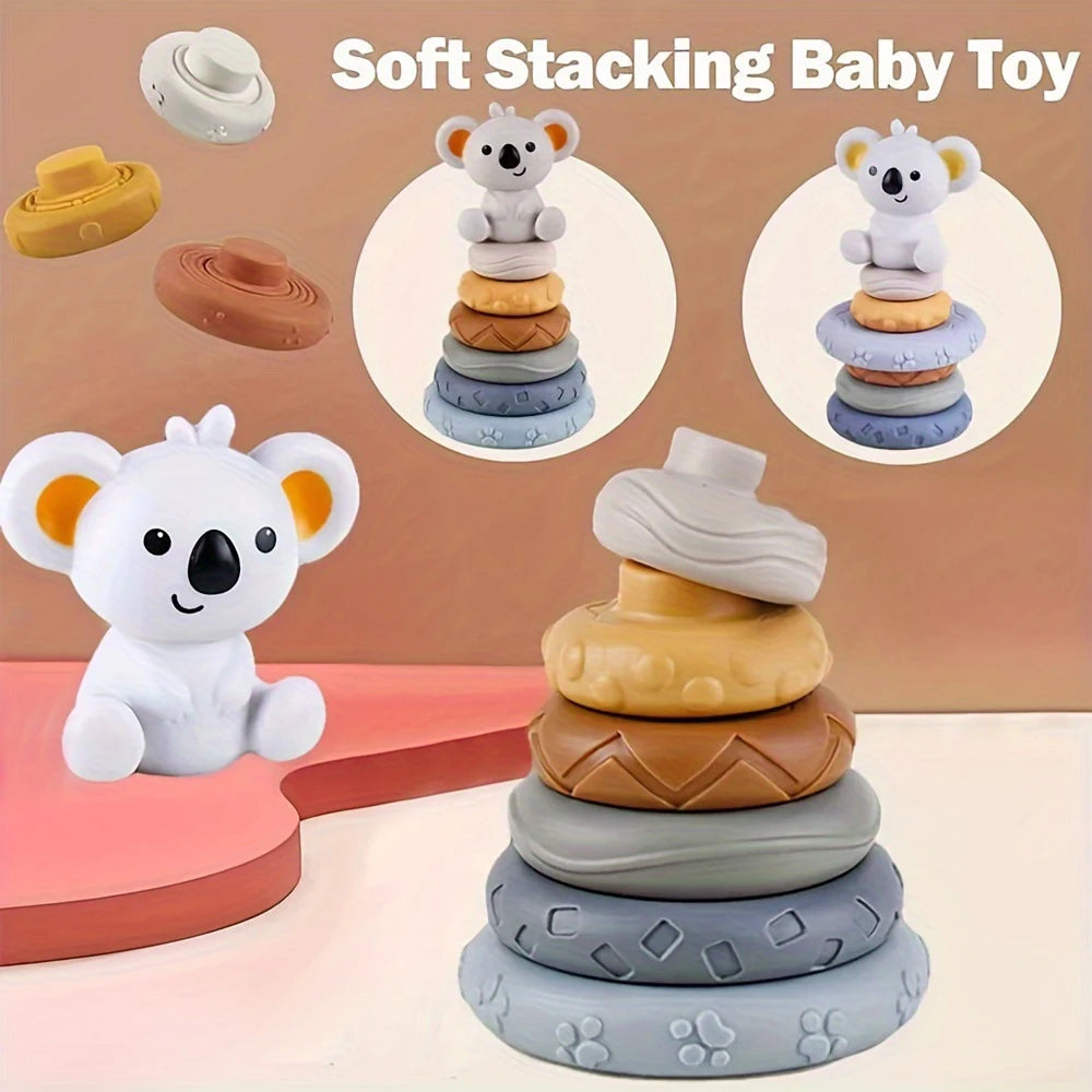 Baby Stacking Toy – Soft Rubber Rainbow Ring Stacker with Sound for Infants & Toddlers