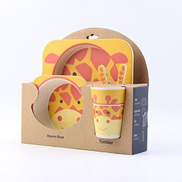 Baby Bamboo Tableware Set – 5pcs Cartoon Animal Dinnerware for Kids