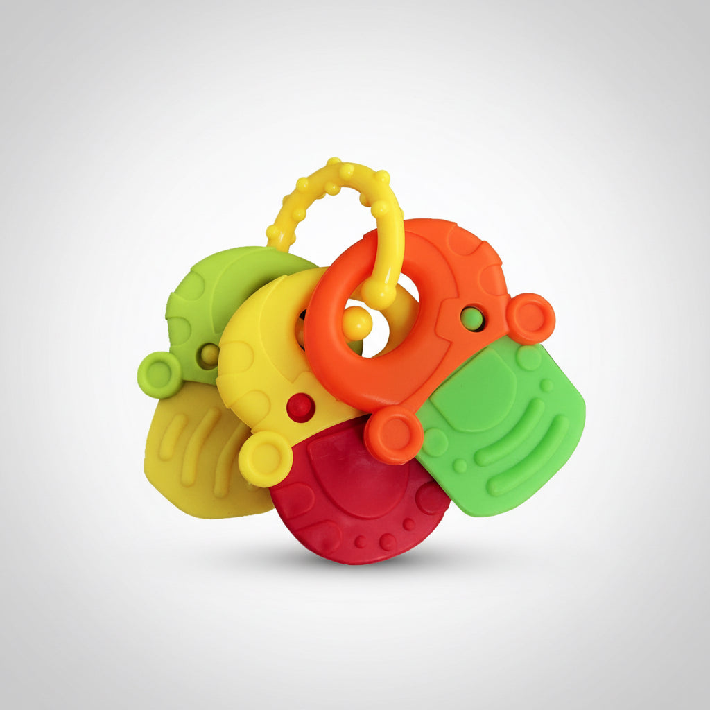 Colorful baby teething ring with multiple links on a white background