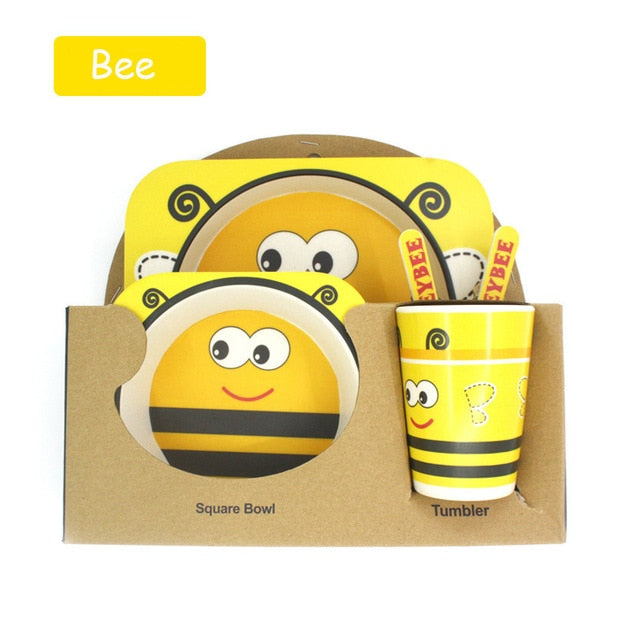 Baby Bamboo Tableware Set – 5pcs Cartoon Animal Dinnerware for Kids