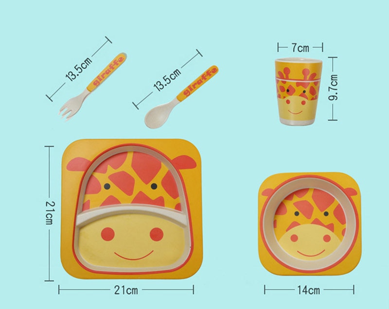 Baby Bamboo Tableware Set – 5pcs Cartoon Animal Dinnerware for Kids