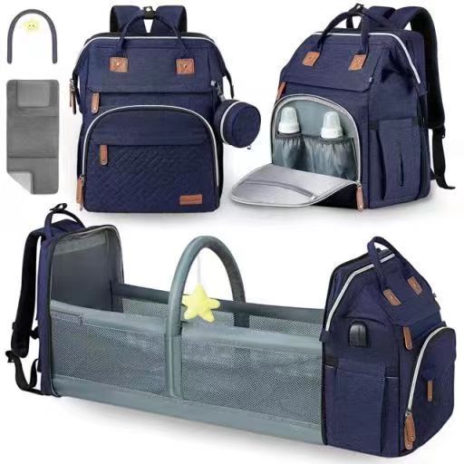 Mommy Backpack with Crib – Large capacity diaper bag featuring a foldable crib and anti-mosquito cover.