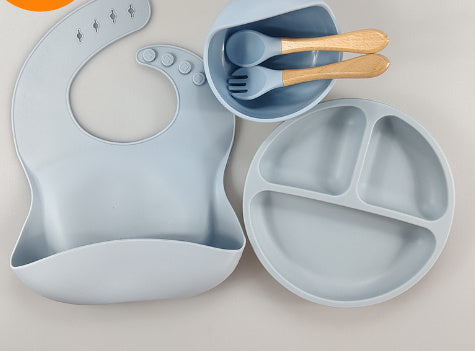 Baby Silicone Tableware Set – 5-Piece Bib & Compartment Plate Kit