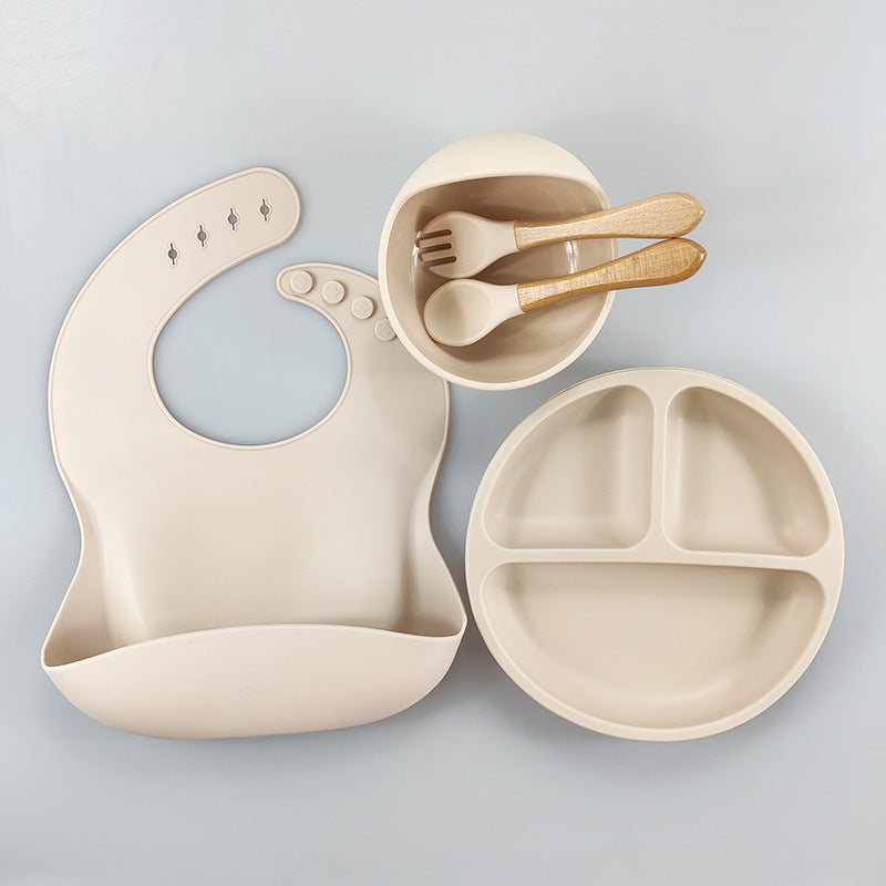 Baby Silicone Tableware Set – 5-Piece Bib & Compartment Plate Kit