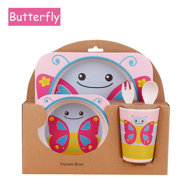 Baby Bamboo Tableware Set – 5pcs Cartoon Animal Dinnerware for Kids