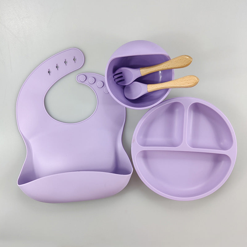 Baby Silicone Tableware Set – 5-Piece Bib & Compartment Plate Kit