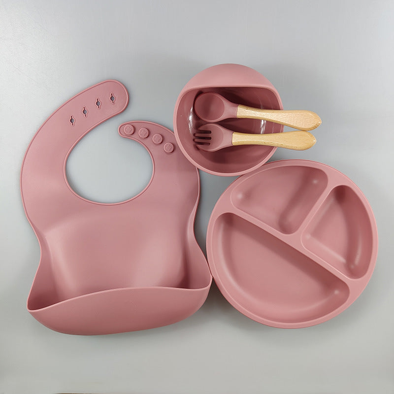 Baby Silicone Tableware Set – 5-Piece Bib & Compartment Plate Kit