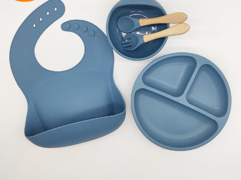 Baby Silicone Tableware Set – 5-Piece Bib & Compartment Plate Kit