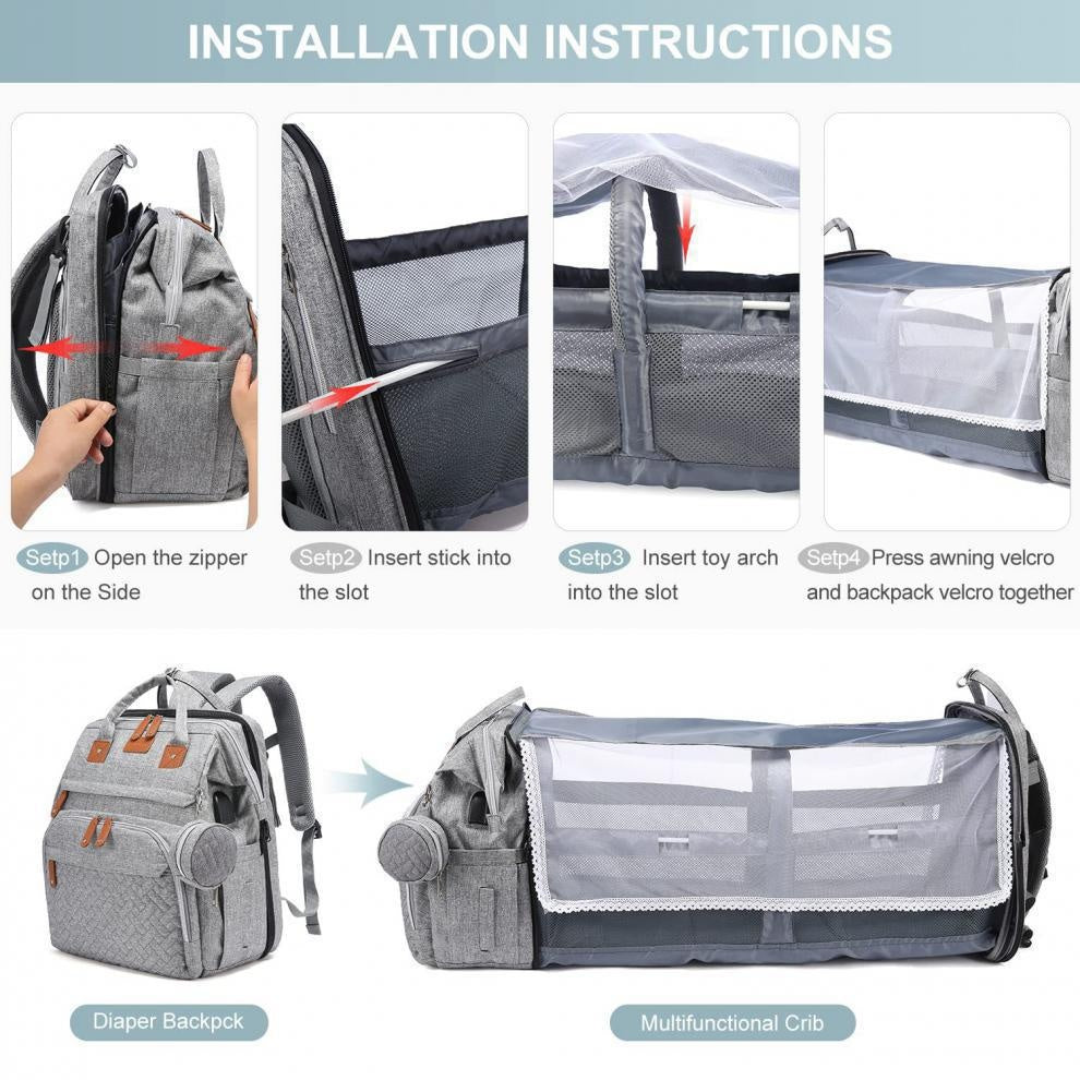 Installation instructions for Mommy Backpack with Crib, showcasing steps to set up the multifunctional diaper bag.