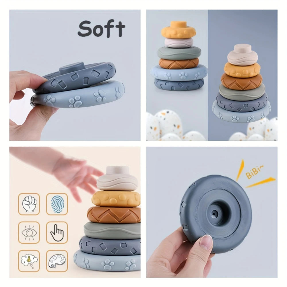 Baby Stacking Toy – Soft Rubber Rainbow Ring Stacker with Sound for Infants & Toddlers