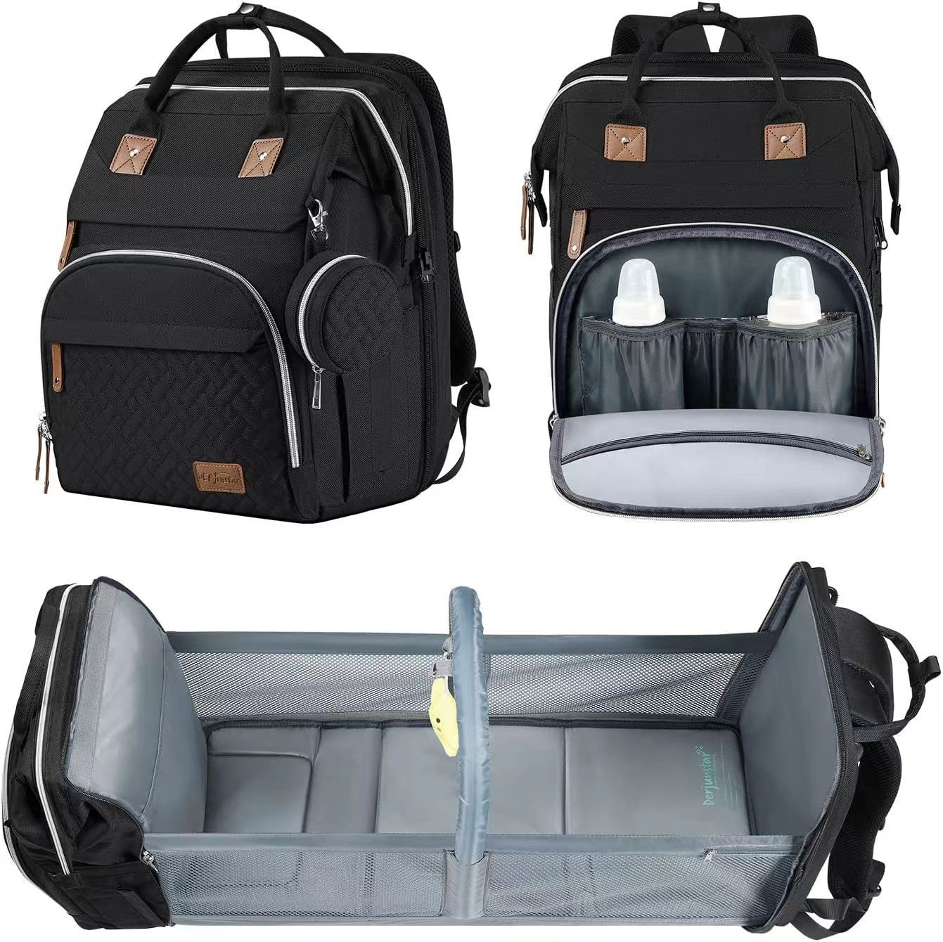 Mommy Backpack with Crib – Large capacity diaper bag showcasing foldable crib and spacious compartments.