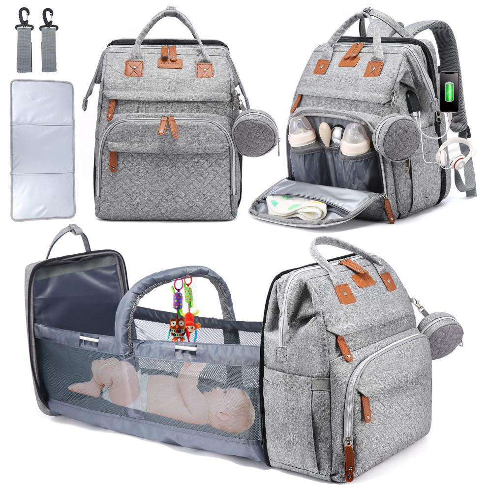 Mommy Backpack with Crib – Large Capacity Diaper Bag with Anti-Mosquito Cover showcasing multiple views and features.