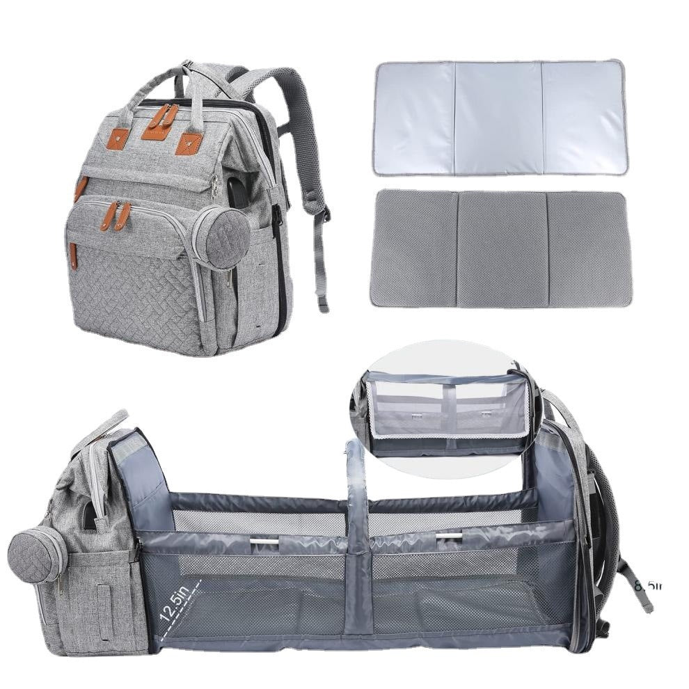 Mommy Backpack with Crib showing large capacity design, foldable crib and anti-mosquito cover features.