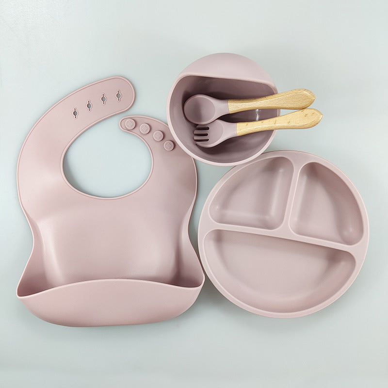 Baby Silicone Tableware Set – 5-Piece Bib & Compartment Plate Kit