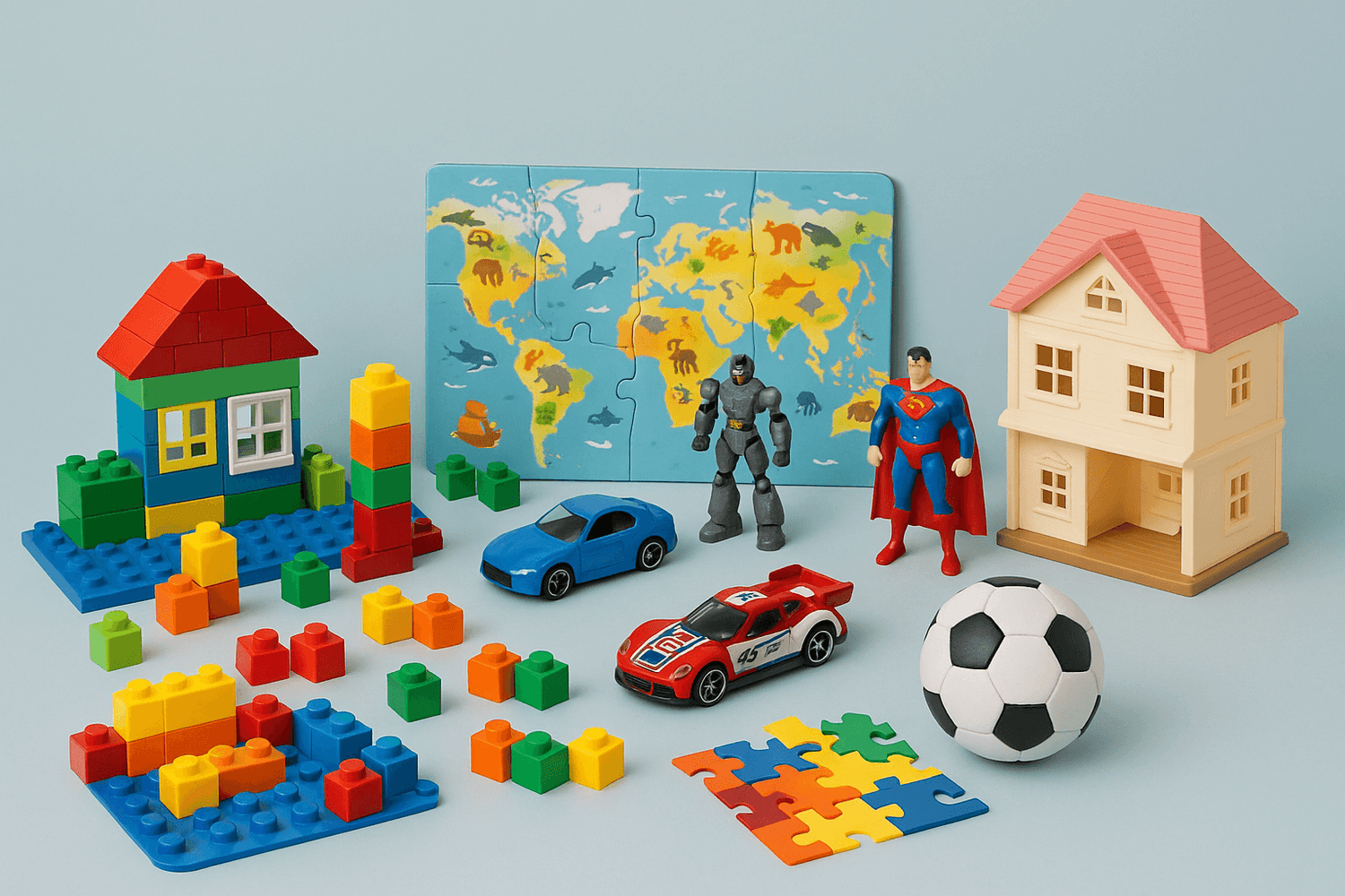 Colorful toys including building blocks, cars, puzzles, and action figures on a light background.