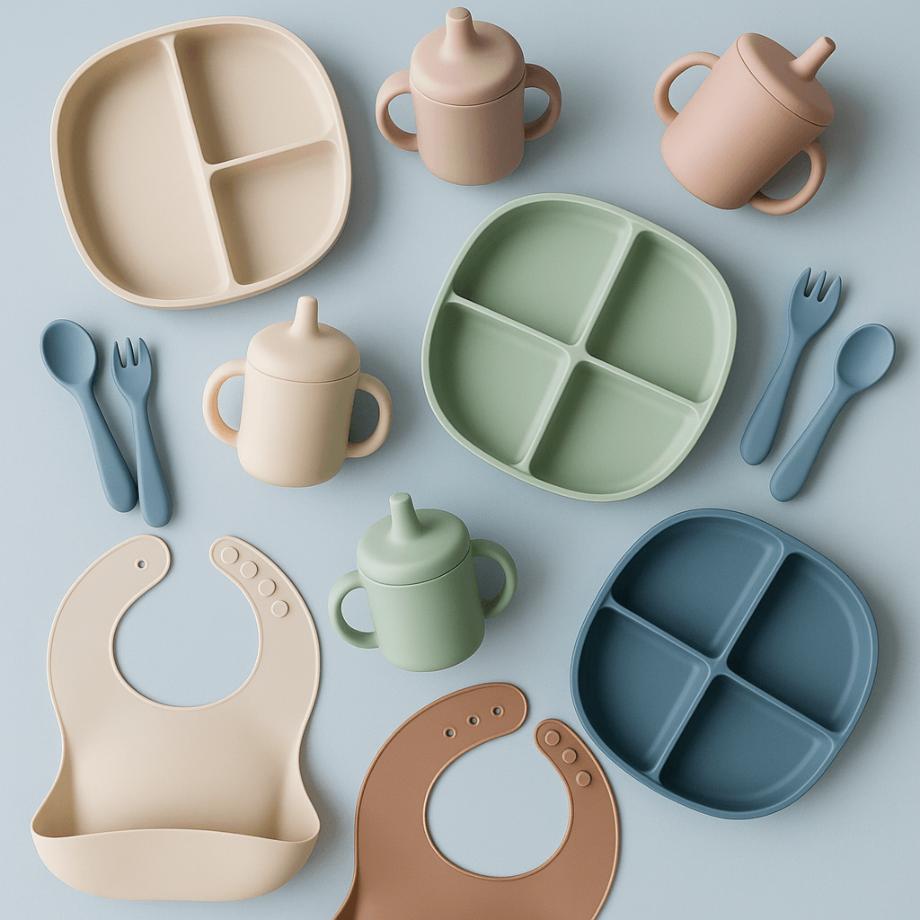 Colorful baby feeding essentials including bowls, cups, utensils, and bibs for mealtime comfort and safety.