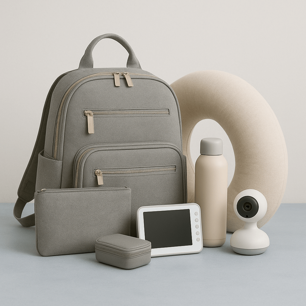 Mama's Essentials collection featuring a gray diaper bag, baby monitor, water bottle, and supportive pillow.