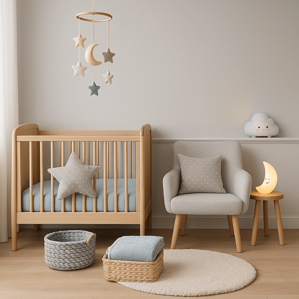 Cozy nursery with wooden crib, star pillow, plush night light, and soft basket for baby's peaceful room decor.