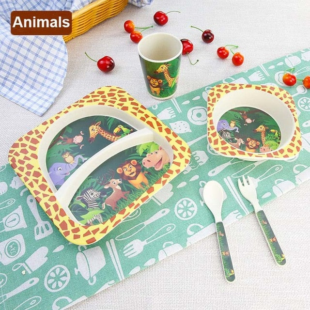 Baby Bamboo Tableware Set – 5pcs Cartoon Animal Dinnerware for Kids
