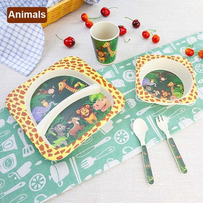 Baby Bamboo Tableware Set – 5pcs Cartoon Animal Dinnerware for Kids