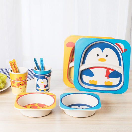 Baby Bamboo Tableware Set – 5pcs Cartoon Animal Dinnerware for Kids