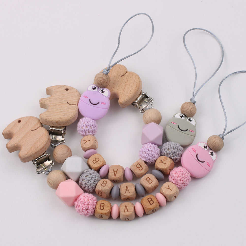Baby Pacifier Clip – Cartoon Frog Silicone & Beech Wood Teething Chain