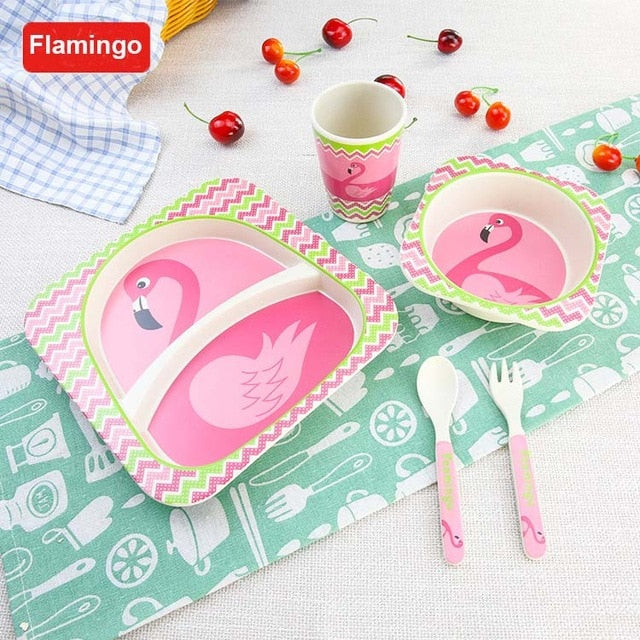 Baby Bamboo Tableware Set – 5pcs Cartoon Animal Dinnerware for Kids