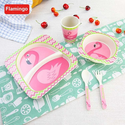 Baby Bamboo Tableware Set – 5pcs Cartoon Animal Dinnerware for Kids