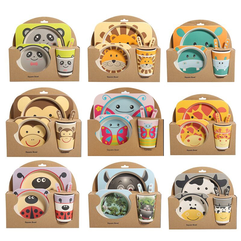 Baby Bamboo Tableware Set – 5pcs Cartoon Animal Dinnerware for Kids