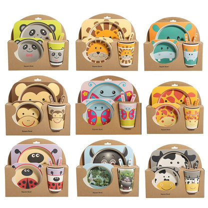 Baby Bamboo Tableware Set – 5pcs Cartoon Animal Dinnerware for Kids