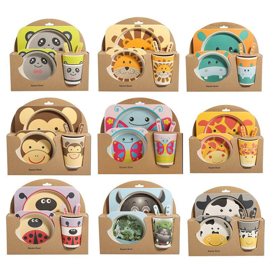 Baby Bamboo Tableware Set – 5pcs Cartoon Animal Dinnerware for Kids