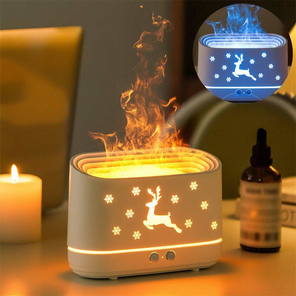 Decorative lamp with reindeer design and flame effect on a table.