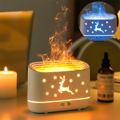 Decorative lamp with reindeer design and flame effect on a table.