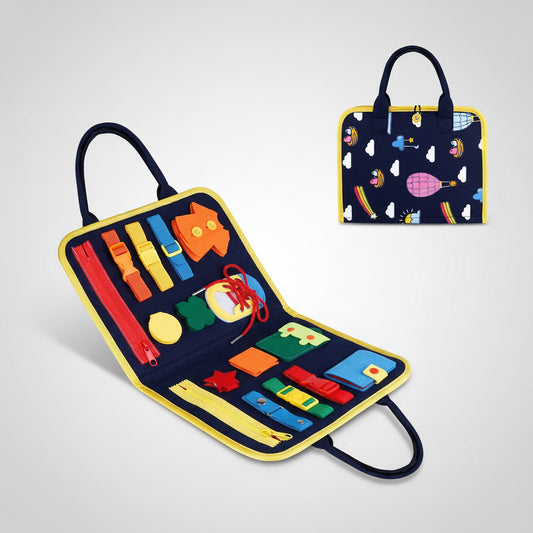 Colorful tool kit with various items on a white background