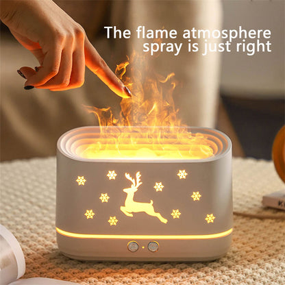 Elk Flame Humidifier & Diffuser Lamp creating a cozy flame-effect mist in a warm setting.