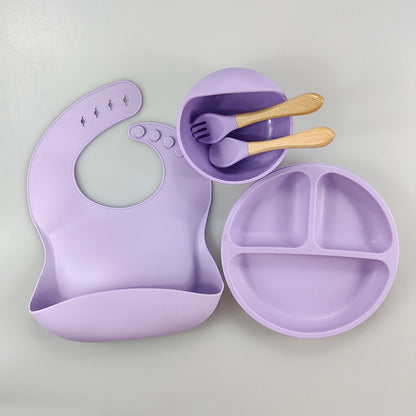 Baby Silicone Tableware Set – 5-Piece Bib & Compartment Plate Kit
