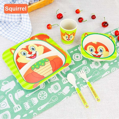 Baby Bamboo Tableware Set – 5pcs Cartoon Animal Dinnerware for Kids