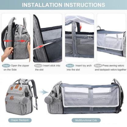 Installation instructions for Mommy Backpack with Crib, showcasing steps to set up the multifunctional diaper bag.