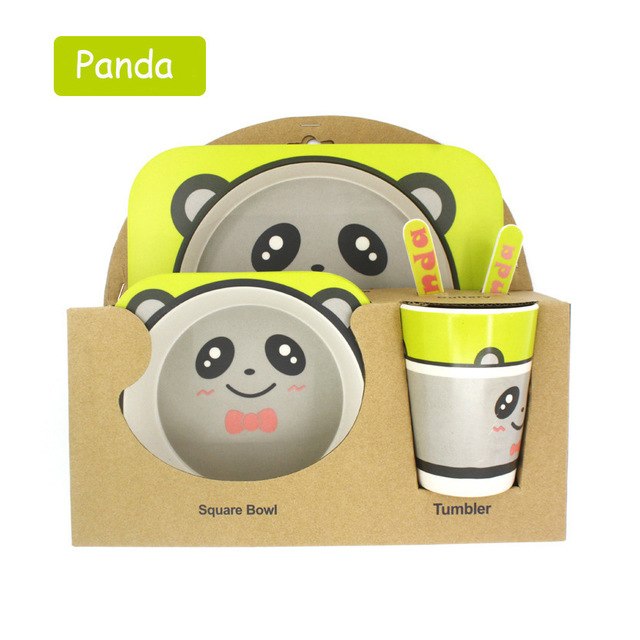 Baby Bamboo Tableware Set – 5pcs Cartoon Animal Dinnerware for Kids