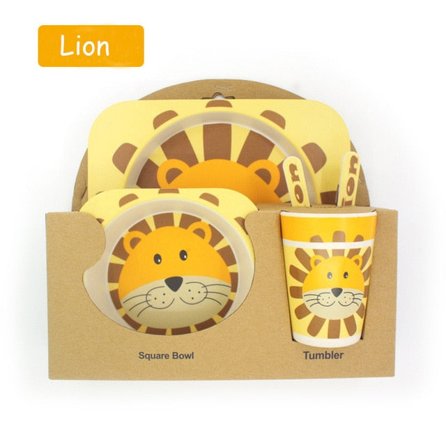 Baby Bamboo Tableware Set – 5pcs Cartoon Animal Dinnerware for Kids