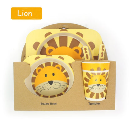 Baby Bamboo Tableware Set – 5pcs Cartoon Animal Dinnerware for Kids