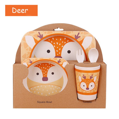 Baby Bamboo Tableware Set – 5pcs Cartoon Animal Dinnerware for Kids