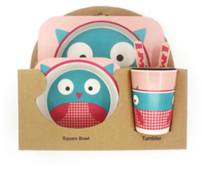 Baby Bamboo Tableware Set – 5pcs Cartoon Animal Dinnerware for Kids