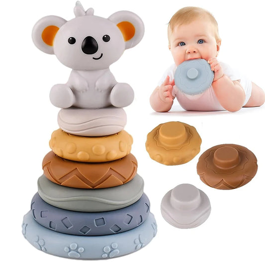 Baby Stacking Toy – Soft Rubber Rainbow Ring Stacker with Sound for Infants & Toddlers