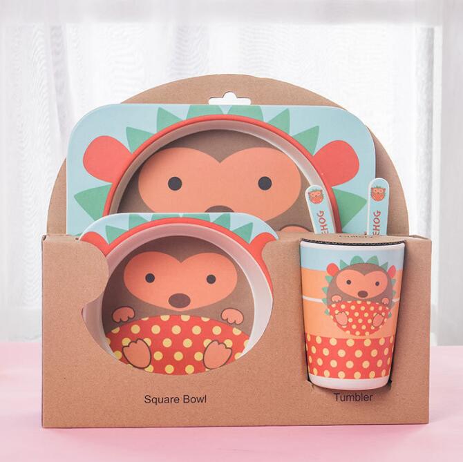 Baby Bamboo Tableware Set – 5pcs Cartoon Animal Dinnerware for Kids