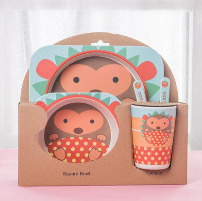 Baby Bamboo Tableware Set – 5pcs Cartoon Animal Dinnerware for Kids
