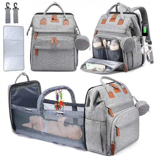 Mommy Backpack with Crib – Large Capacity Diaper Bag with Anti-Mosquito Cover showcasing multiple views and features.