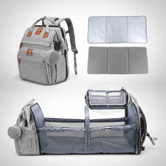 Mommy Backpack with Crib showing large capacity design, foldable crib and anti-mosquito cover features.