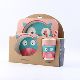 Baby Bamboo Tableware Set – 5pcs Cartoon Animal Dinnerware for Kids