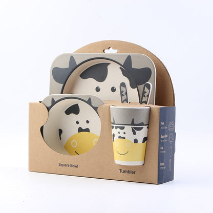 Baby Bamboo Tableware Set – 5pcs Cartoon Animal Dinnerware for Kids